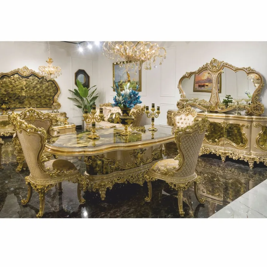 Casa Padrino Luxus Barock Esszimmer Set Grau / Grün / Gold - 1 Barock Esstisch & 6 Barock Esszimmer Stühle - Barock Esszimmer Möbel
