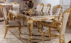 Casa Padrino Luxus Barock Esszimmer Set Weiß / Silber / Braun / Gold - 1 Barock Esstisch & 6 Barock Esszimmerstühle - Barock Esszimmer Möbel - Edel & Prunkvoll
