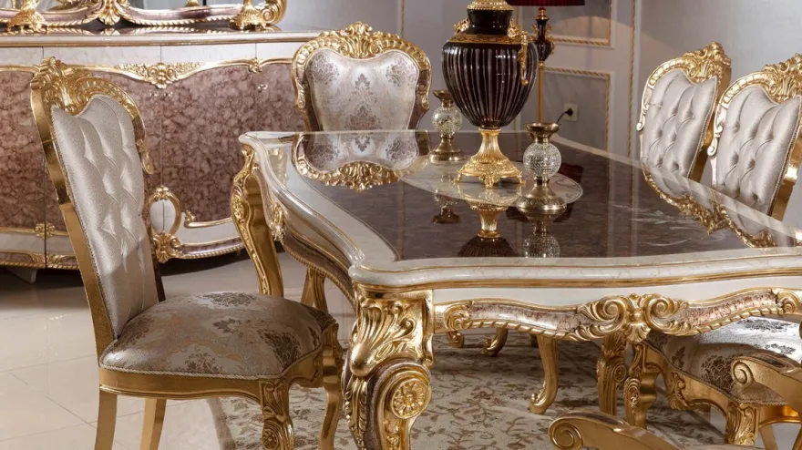 Casa Padrino Luxus Barock Esszimmer Set Weiß / Silber / Braun / Gold - 1 Barock Esstisch & 6 Barock Esszimmerstühle - Barock Esszimmer Möbel - Edel & Prunkvoll