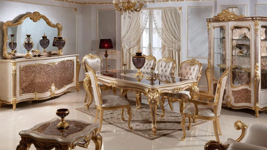 Casa Padrino Luxus Barock Esszimmer Set Weiß / Silber / Braun / Gold - 1 Barock Esstisch & 6 Barock Esszimmerstühle - Barock Esszimmer Möbel - Edel & Prunkvoll