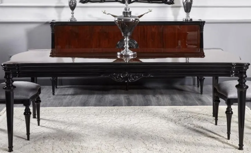 Casa Padrino Luxus Barock Esszimmer Set Silbergrau / Schwarz - 1 Barock Esstisch & 6 Barock Esszimmerstühle
