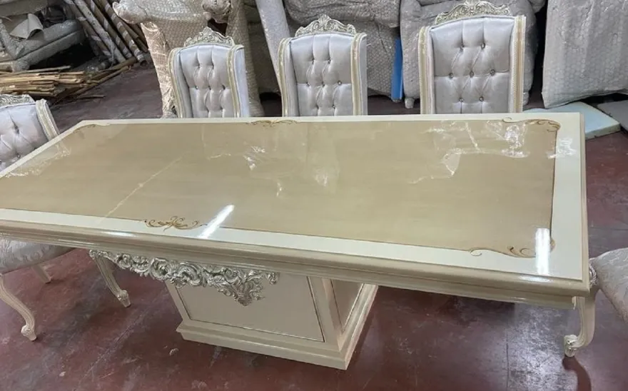 Casa Padrino Luxus Barock Esszimmer Set Silber / Beige / Weiß - 1 Barock Esstisch & 6 Barock Esszimmerstühle - Luxus Esszimmer Möbel im Barockstil - Prunkvolle Barock Esszimmer Möbel