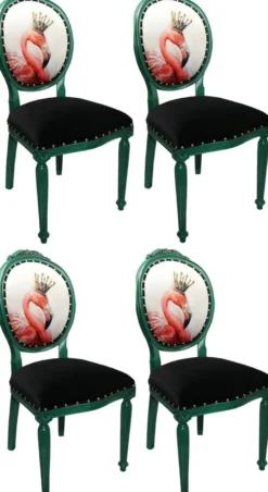 Casa Padrino Luxus Barock Esszimmer Set Flamingo mit Krone Grün / Schwarz / Mehrfarbig 48 x 50 x H. 98 cm - 4 handgefertigte Esszimmerstühle mit Bling Bling Glitzersteinen - Barock Esszimmermöbel