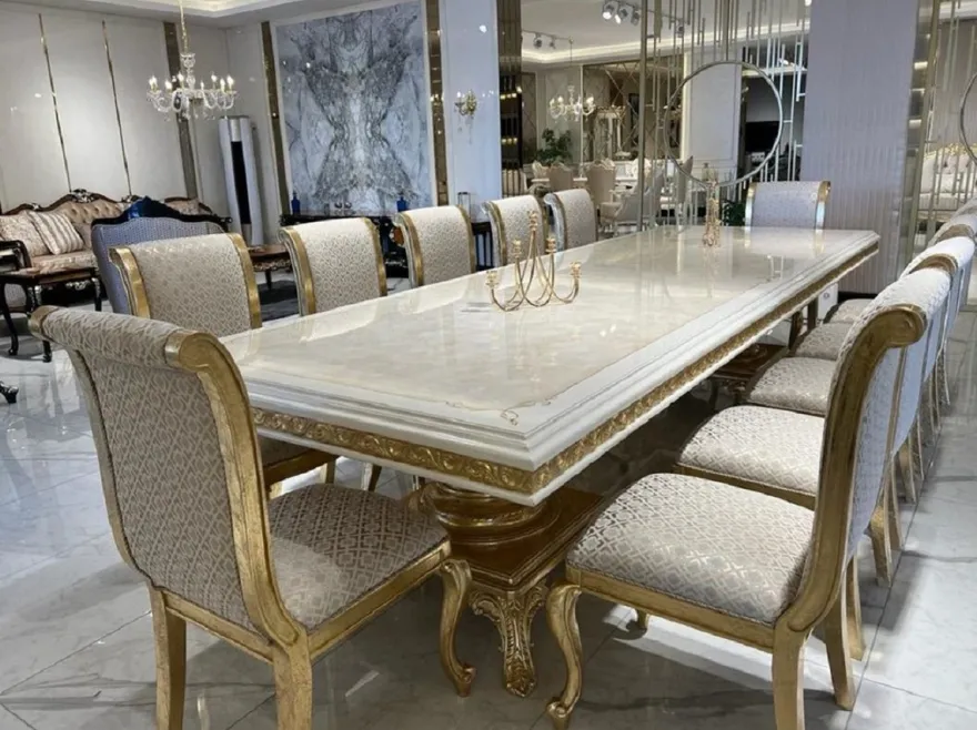 Casa Padrino Luxus Barock Esszimmer Set Creme / Weiß / Gold - 1 Esstisch & 10 Esszimmer Stühle