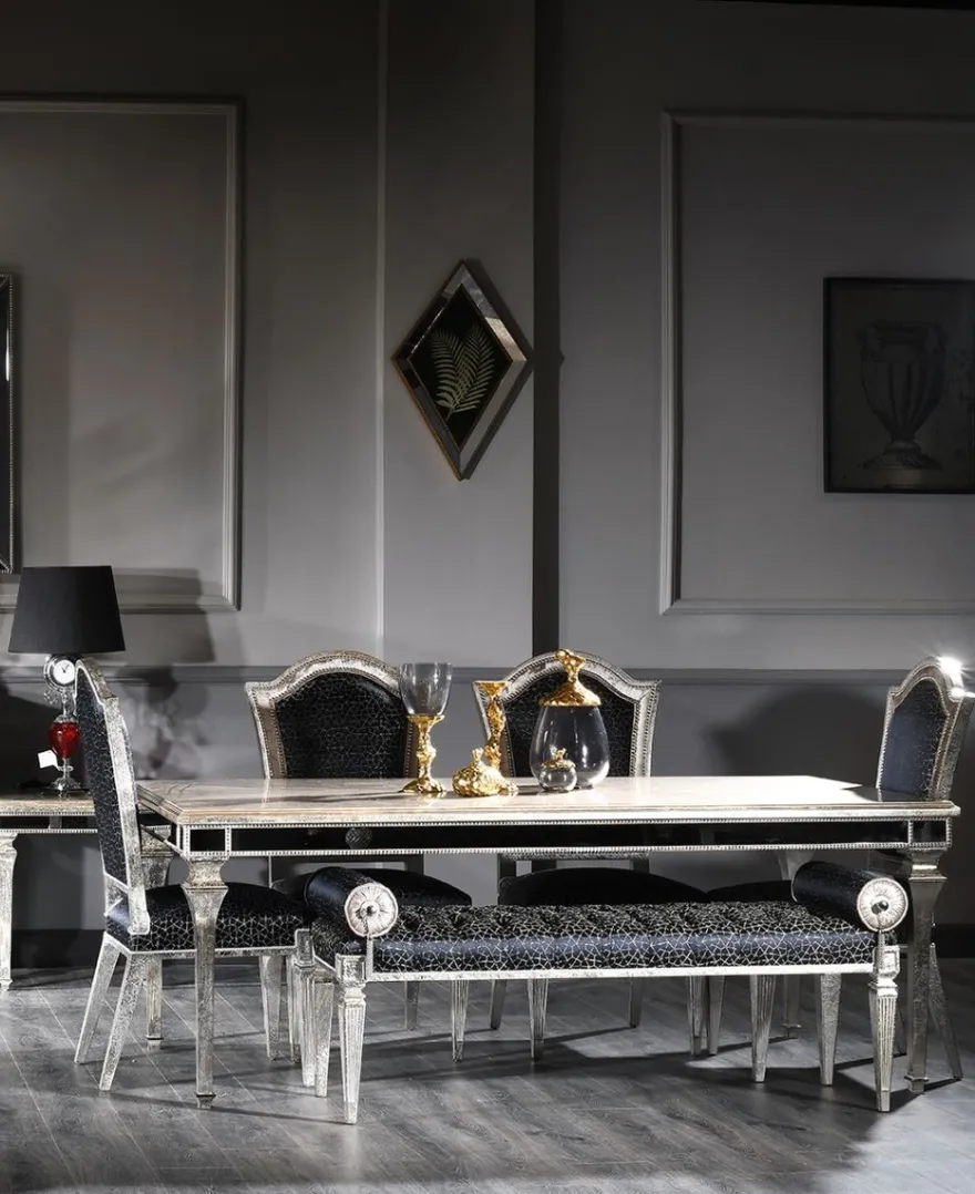 Casa Padrino Luxus Barock Esszimmer Stuhl Set Schwarz / Antik Silber 55 x 58 x H. 115 cm - Edles Küchen Stühle 6er Set - Esszimmer Möbel im Barockstil