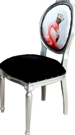 Casa Padrino Luxus Barock Esszimmer Set Flamingo mit Krone Schwarz / Mehrfarbig / Silber 48 x 50 x H. 98 cm - 4 handgefertigte Esszimmerstühle mit Bling Bling Glitzersteinen - Barock Esszimmermöbel