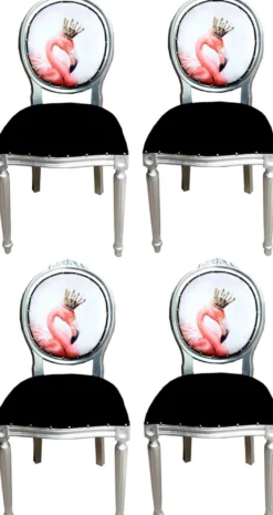 Casa Padrino Luxus Barock Esszimmer Set Flamingo mit Krone Schwarz / Mehrfarbig / Silber 48 x 50 x H. 98 cm - 4 handgefertigte Esszimmerstühle mit Bling Bling Glitzersteinen - Barock Esszimmermöbel