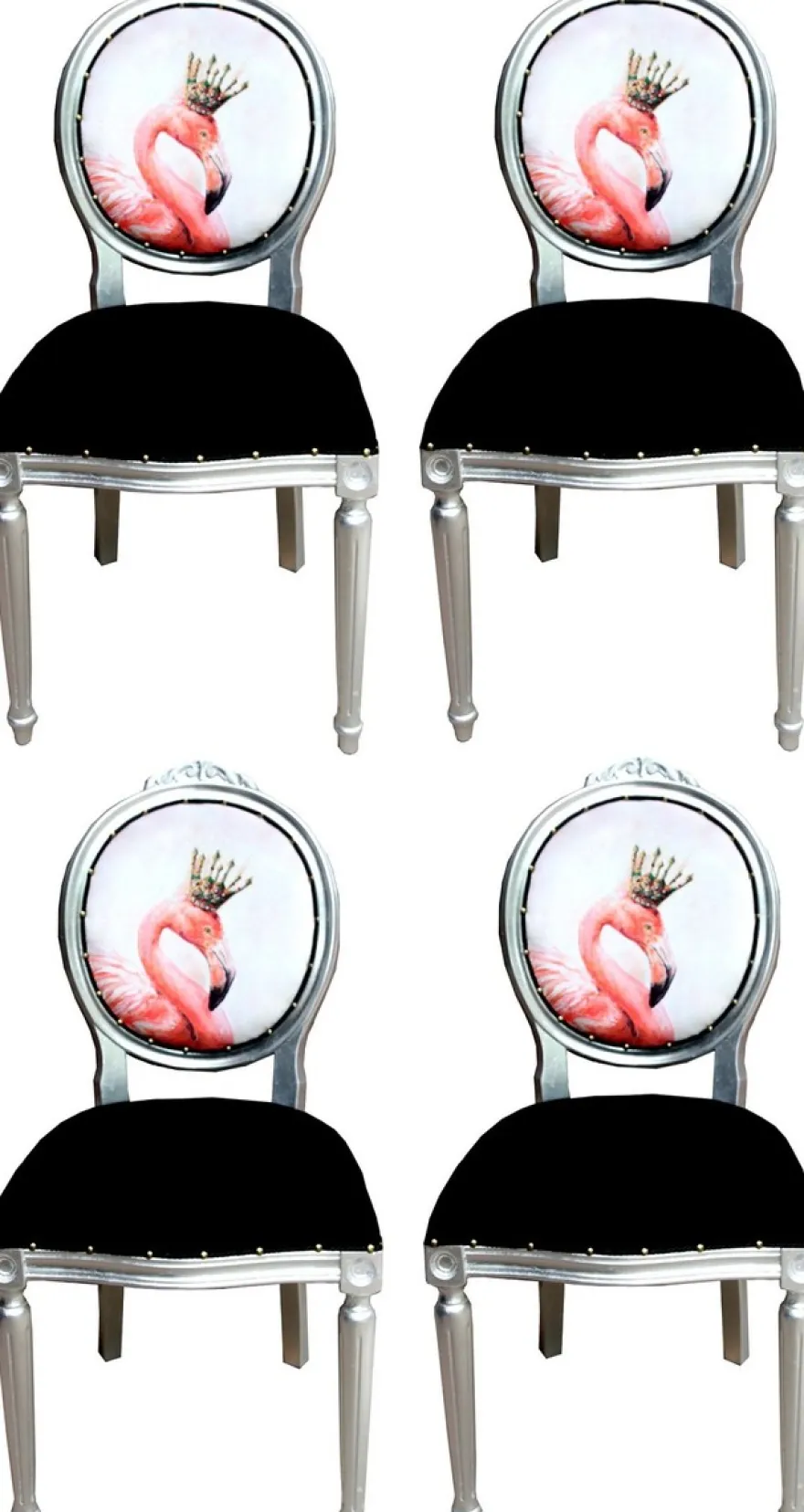 Casa Padrino Luxus Barock Esszimmer Set Flamingo mit Krone Schwarz / Mehrfarbig / Silber 48 x 50 x H. 98 cm - 4 handgefertigte Esszimmerstühle mit Bling Bling Glitzersteinen - Barock Esszimmermöbel