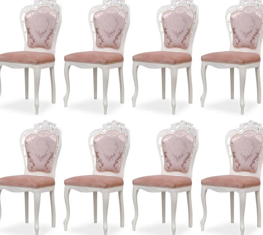 Casa Padrino Luxus Barock Esszimmer Stuhl 8er Set mit elegantem Muster Rosa / Weiß - Barockstil Küchen Stühle - Prunkvolle Luxus Esszimmer Möbel im Barockstil - Edel & Prunkvoll