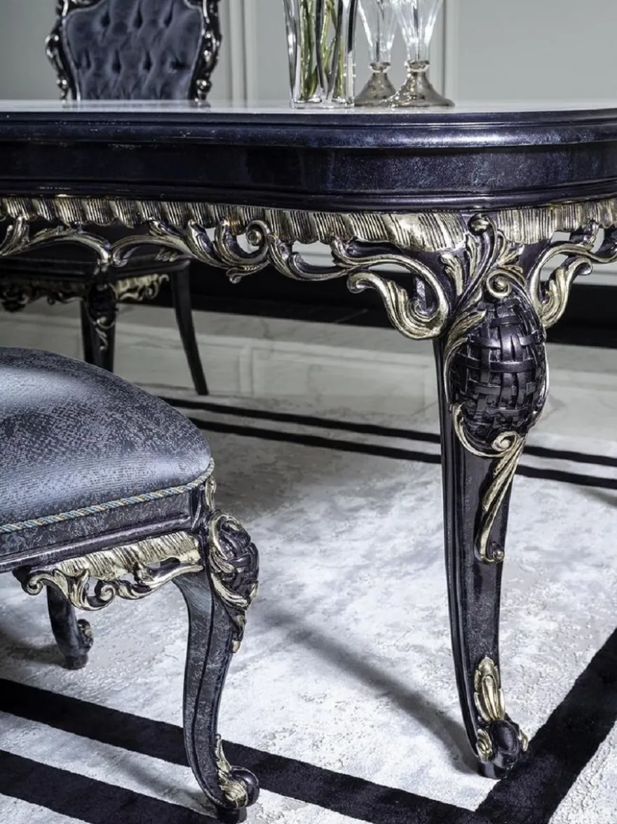 Casa Padrino Luxus Barock Esstisch Weiß / Blau / Gold - Handgefertigter Massivholz Esszimmertisch - Barock Esszimmer Möbel - Edel & Prunkvoll