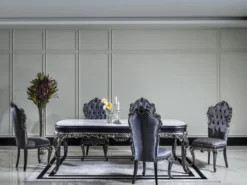 Casa Padrino Luxus Barock Esstisch Weiß / Blau / Gold - Handgefertigter Massivholz Esszimmertisch - Barock Esszimmer Möbel - Edel & Prunkvoll
