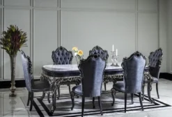 Casa Padrino Luxus Barock Esstisch Weiß / Blau / Gold - Handgefertigter Massivholz Esszimmertisch - Barock Esszimmer Möbel - Edel & Prunkvoll