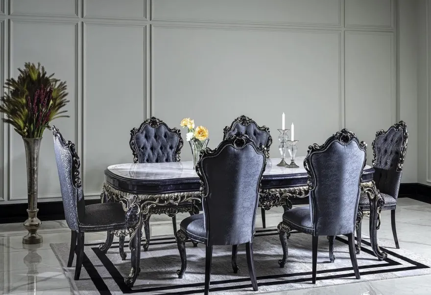 Casa Padrino Luxus Barock Esstisch Weiß / Blau / Gold - Handgefertigter Massivholz Esszimmertisch - Barock Esszimmer Möbel - Edel & Prunkvoll
