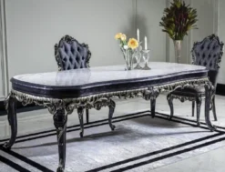 Casa Padrino Luxus Barock Esstisch Weiß / Blau / Gold - Handgefertigter Massivholz Esszimmertisch - Barock Esszimmer Möbel - Edel & Prunkvoll