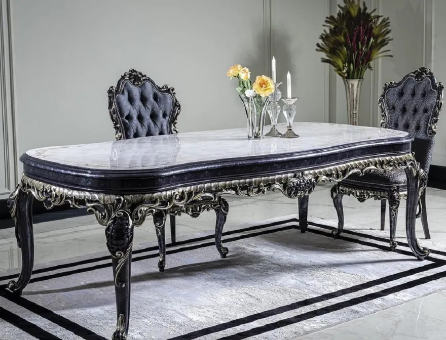 Casa Padrino Luxus Barock Esstisch Weiß / Blau / Gold - Handgefertigter Massivholz Esszimmertisch - Barock Esszimmer Möbel - Edel & Prunkvoll