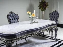 Casa Padrino Luxus Barock Esstisch Weiß / Blau / Gold - Handgefertigter Massivholz Esszimmertisch - Barock Esszimmer Möbel - Edel & Prunkvoll