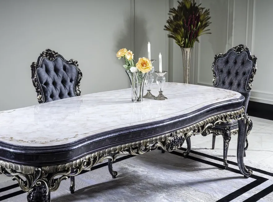 Casa Padrino Luxus Barock Esstisch Weiß / Blau / Gold - Handgefertigter Massivholz Esszimmertisch - Barock Esszimmer Möbel - Edel & Prunkvoll