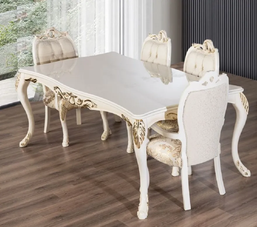 Casa Padrino Luxus Barock Esstisch Weiß / Gold - Rechteckiger Barockstil Küchentisch - Luxus Esszimmer Möbel im Barockstil - Barock Esszimmer Möbel - Barock Einrichtung
