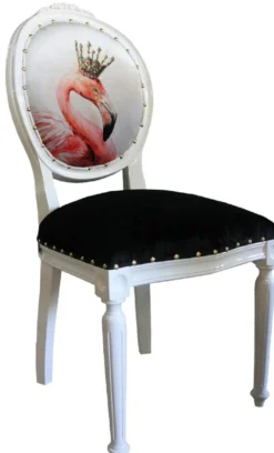 Casa Padrino Luxus Barock Esszimmer Set Flamingo mit Krone Weiß / Schwarz / Mehrfarbig 48 x 50 x H. 98 cm - 4 handgefertigte Esszimmerstühle mit Bling Bling Glitzersteinen - Barock Esszimmermöbel