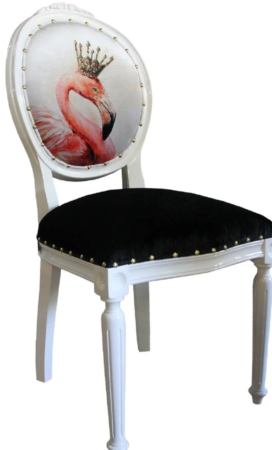Casa Padrino Luxus Barock Esszimmer Set Flamingo mit Krone Weiß / Schwarz / Mehrfarbig 48 x 50 x H. 98 cm - 4 handgefertigte Esszimmerstühle mit Bling Bling Glitzersteinen - Barock Esszimmermöbel