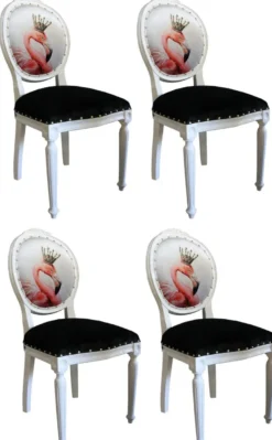 Casa Padrino Luxus Barock Esszimmer Set Flamingo mit Krone Weiß / Schwarz / Mehrfarbig 48 x 50 x H. 98 cm - 4 handgefertigte Esszimmerstühle mit Bling Bling Glitzersteinen - Barock Esszimmermöbel