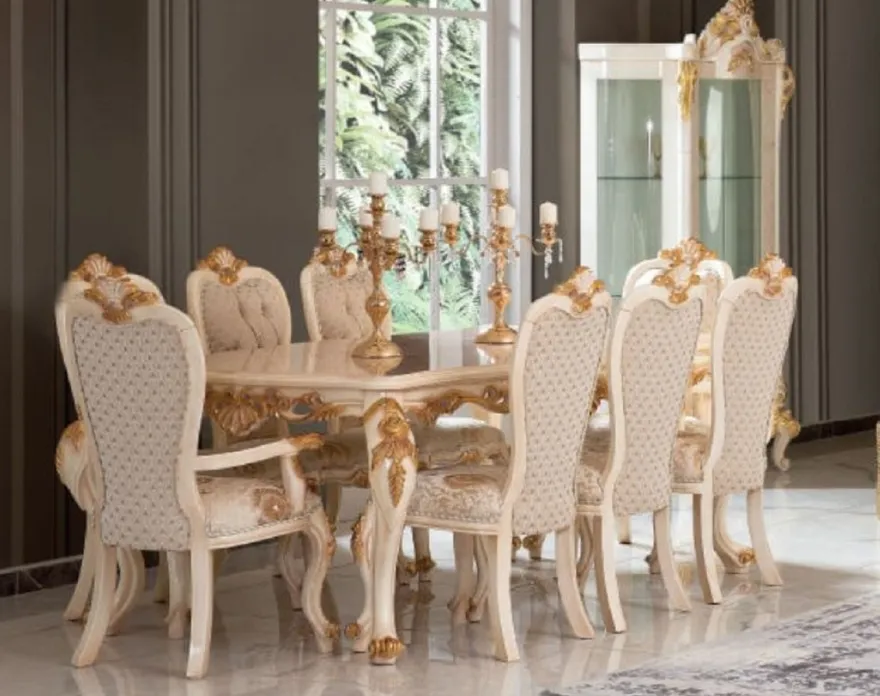Casa Padrino Luxus Barock Esszimmer Set Weiß / Gold - 1 Esstisch & 8 Esszimmerstühle - Prunkvolle Esszimmer Möbel im Barockstil