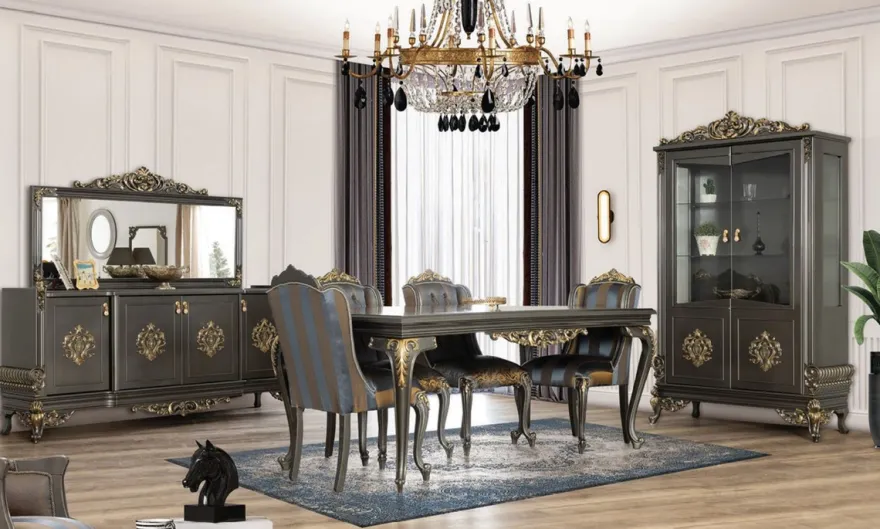 Casa Padrino Luxus Barock Esstisch Grau / Gold - Edler Massivholz Esszimmertisch - Barock Esszimmer Möbel - Edel & Prunkvoll