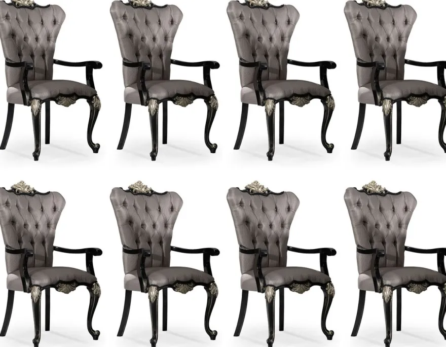Casa Padrino Luxus Barock Esszimmer Stuhl 8er Set mit Armlehnen Silber / Schwarz / Silber - Prunkvolle Barockstil Küchen Stühle - Luxus Barock Esszimmer Möbel - Edel & Prunkvoll