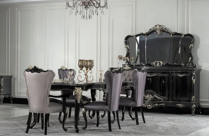 Casa Padrino Luxus Barock Esszimmer Stuhl 8er Set mit Armlehnen Silber / Schwarz / Silber - Prunkvolle Barockstil Küchen Stühle - Luxus Barock Esszimmer Möbel - Edel & Prunkvoll