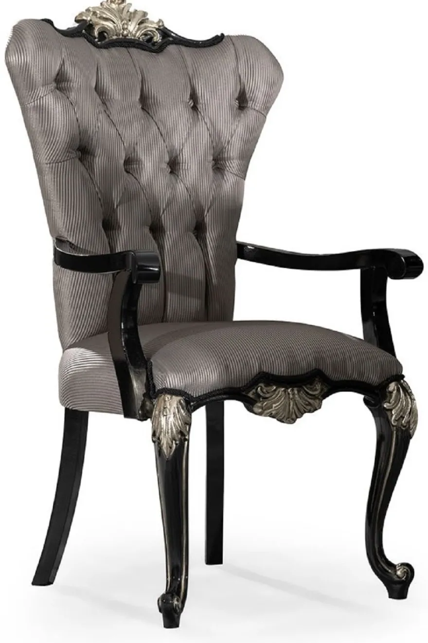 Casa Padrino Luxus Barock Esszimmer Stuhl 8er Set mit Armlehnen Silber / Schwarz / Silber - Prunkvolle Barockstil Küchen Stühle - Luxus Barock Esszimmer Möbel - Edel & Prunkvoll