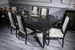 Casa Padrino Luxus Barock Esszimmer Set Silbergrau / Schwarz / Gold - 1 Esstisch und 6 Esszimmerstühle - Esszimmermöbel im Barockstil