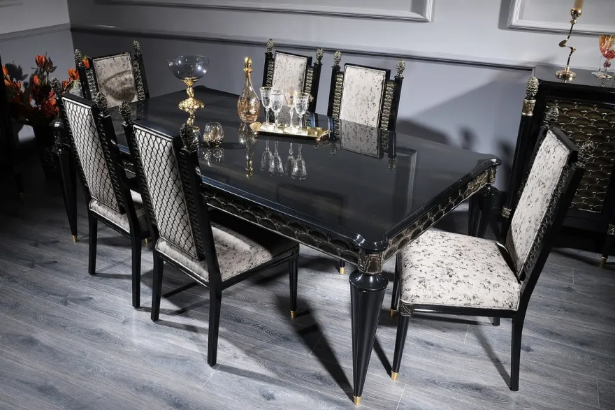 Casa Padrino Luxus Barock Esszimmer Set Silbergrau / Schwarz / Gold - 1 Esstisch und 6 Esszimmerstühle - Esszimmermöbel im Barockstil
