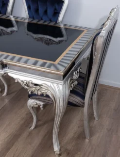 Casa Padrino Luxus Barock Esstisch Schwarz / Gold / Silber - Edler Massivholz Esszimmertisch mit Spiegelglas - Barock Esszimmer Möbel - Edel & Prunkvoll