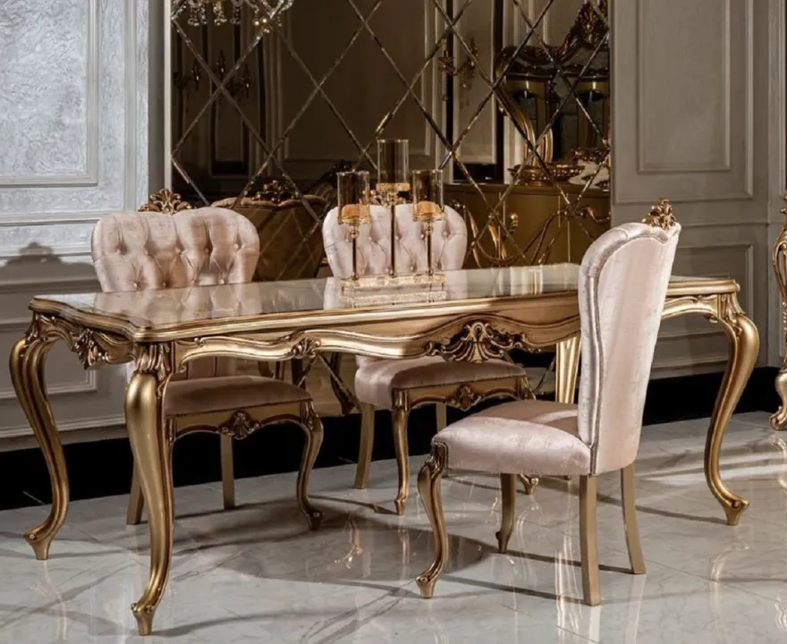 Casa Padrino Luxus Barock Esszimmer Set Weiß / Rosa / Gold - 1 Esstisch & 6 Esszimmerstühle - Edle Esszimmer Möbel im Barockstil