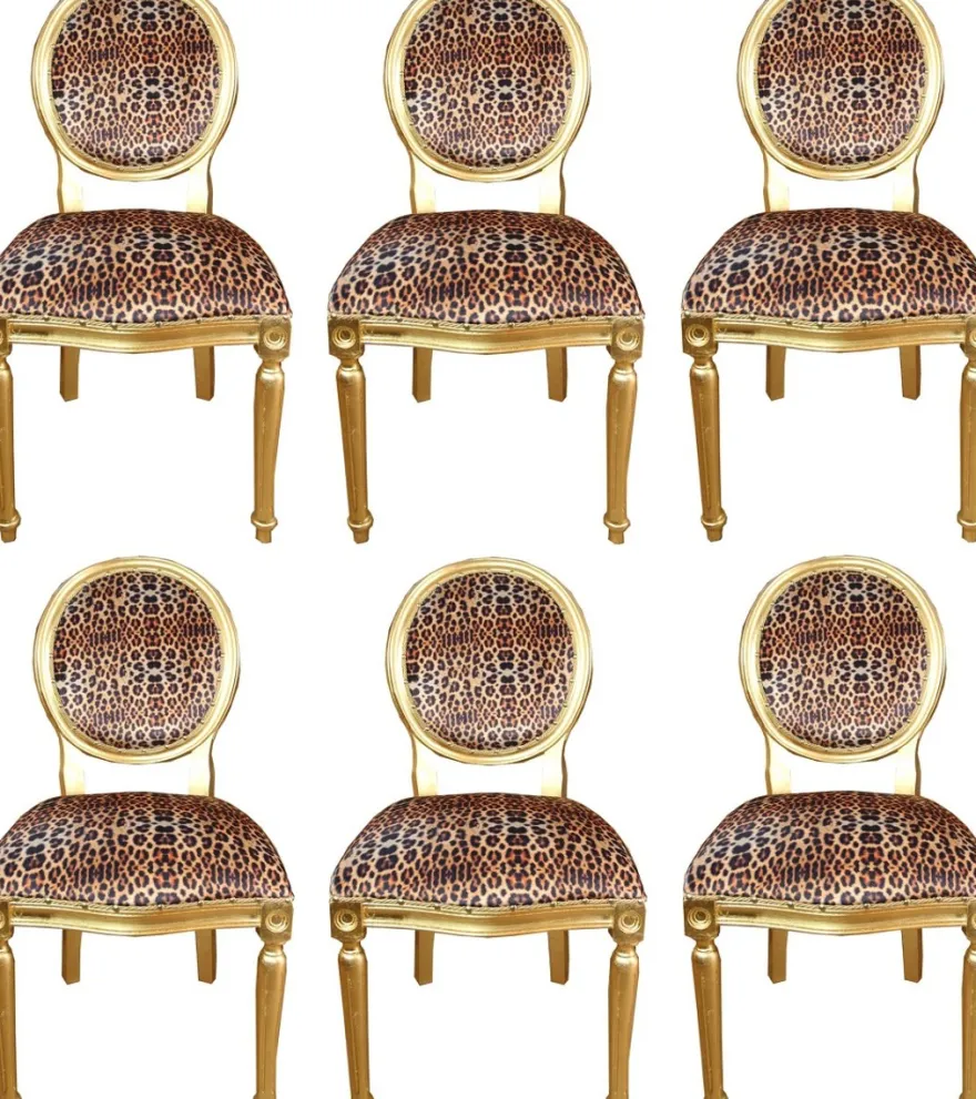 Casa Padrino Luxus Barock Esszimmer Set Medaillon Leopard / Gold 50 x 52 x H. 99 cm - 6 handgefertigte Esszimmerstühle - Barock Esszimmermöbel