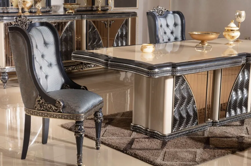 Casa Padrino Luxus Barock Esstisch Beige / Schwarz / Gold - Rechteckiger Barockstil Küchentisch - Luxus Esszimmer Möbel im Barockstil - Barock Esszimmer Möbel - Barock Einrichtung