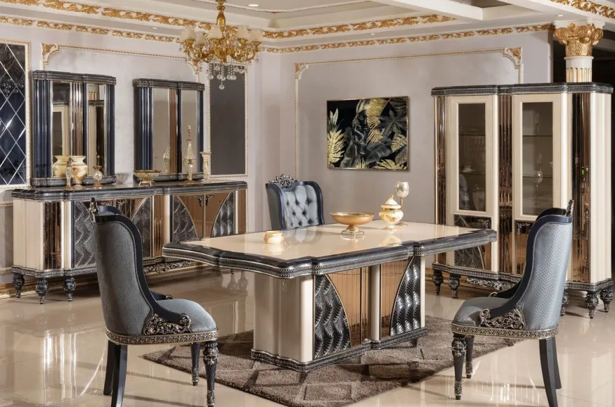 Casa Padrino Luxus Barock Esstisch Beige / Schwarz / Gold - Rechteckiger Barockstil Küchentisch - Luxus Esszimmer Möbel im Barockstil - Barock Esszimmer Möbel - Barock Einrichtung