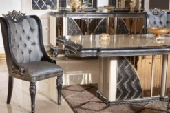 Casa Padrino Luxus Barock Esstisch Beige / Schwarz / Gold - Rechteckiger Barockstil Küchentisch - Luxus Esszimmer Möbel im Barockstil - Barock Esszimmer Möbel - Barock Einrichtung