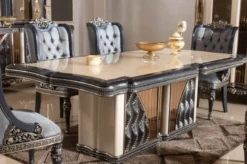 Casa Padrino Luxus Barock Esstisch Beige / Schwarz / Gold - Rechteckiger Barockstil Küchentisch - Luxus Esszimmer Möbel im Barockstil - Barock Esszimmer Möbel - Barock Einrichtung