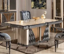Casa Padrino Luxus Barock Esstisch Beige / Schwarz / Gold - Rechteckiger Barockstil Küchentisch - Luxus Esszimmer Möbel im Barockstil - Barock Esszimmer Möbel - Barock Einrichtung