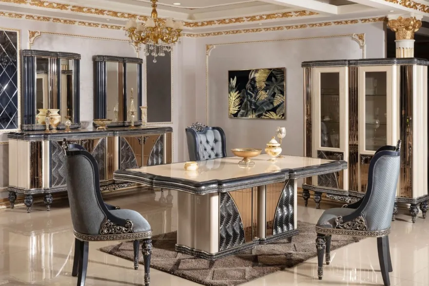 Casa Padrino Luxus Barock Esstisch Beige / Schwarz / Gold - Rechteckiger Barockstil Küchentisch - Luxus Esszimmer Möbel im Barockstil - Barock Esszimmer Möbel - Barock Einrichtung