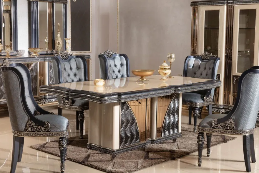 Casa Padrino Luxus Barock Esstisch Beige / Schwarz / Gold - Rechteckiger Barockstil Küchentisch - Luxus Esszimmer Möbel im Barockstil - Barock Esszimmer Möbel - Barock Einrichtung