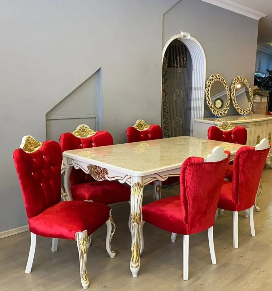 Casa Padrino Luxus Barock Esszimmer Set Rot / Weiß / Gold - 1 Barock Esstisch & 6 Barock Esszimmerstühle mit Glitzersteinen - Esszimmer Möbel im Barockstil - Barock Möbel - Edel & Prunkvoll