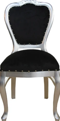 Casa Padrino Luxus Barock Esszimmer Set Schwarz / Silber - 1 Esstisch mit Glasplatte und 6 Stühle - Barock Esszimmermöbel - Made in Italy - Luxury Collection