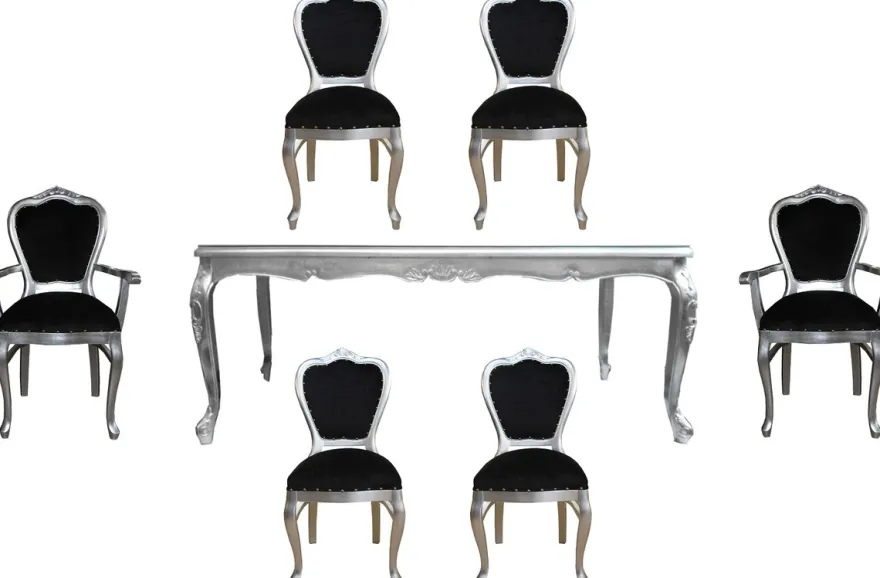Casa Padrino Luxus Barock Esszimmer Set Schwarz / Silber - 1 Esstisch mit Glasplatte und 6 Stühle - Barock Esszimmermöbel - Made in Italy - Luxury Collection