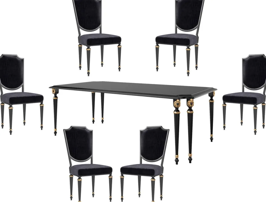 Casa Padrino Luxus Barock Esszimmer Set Schwarz / Antik Gold - 1 Esszimmertisch & 6 Esszimmerstühle - Barock Esszimmermöbel - Luxus Qualität - Edel & Prunkvoll