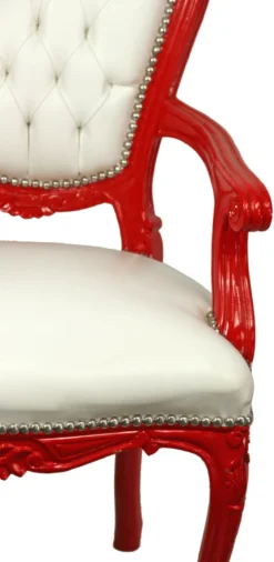 Casa Padrino Luxus Barock Esszimmer Stuhl mit Armlehnen Weiß / Rot - Handgefertigter Küchen Stuhl mit edlem Kunstleder - Barock Esszimmer Möbel