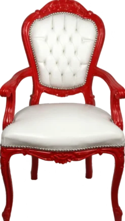 Casa Padrino Luxus Barock Esszimmer Stuhl mit Armlehnen Weiß / Rot - Handgefertigter Küchen Stuhl mit edlem Kunstleder - Barock Esszimmer Möbel