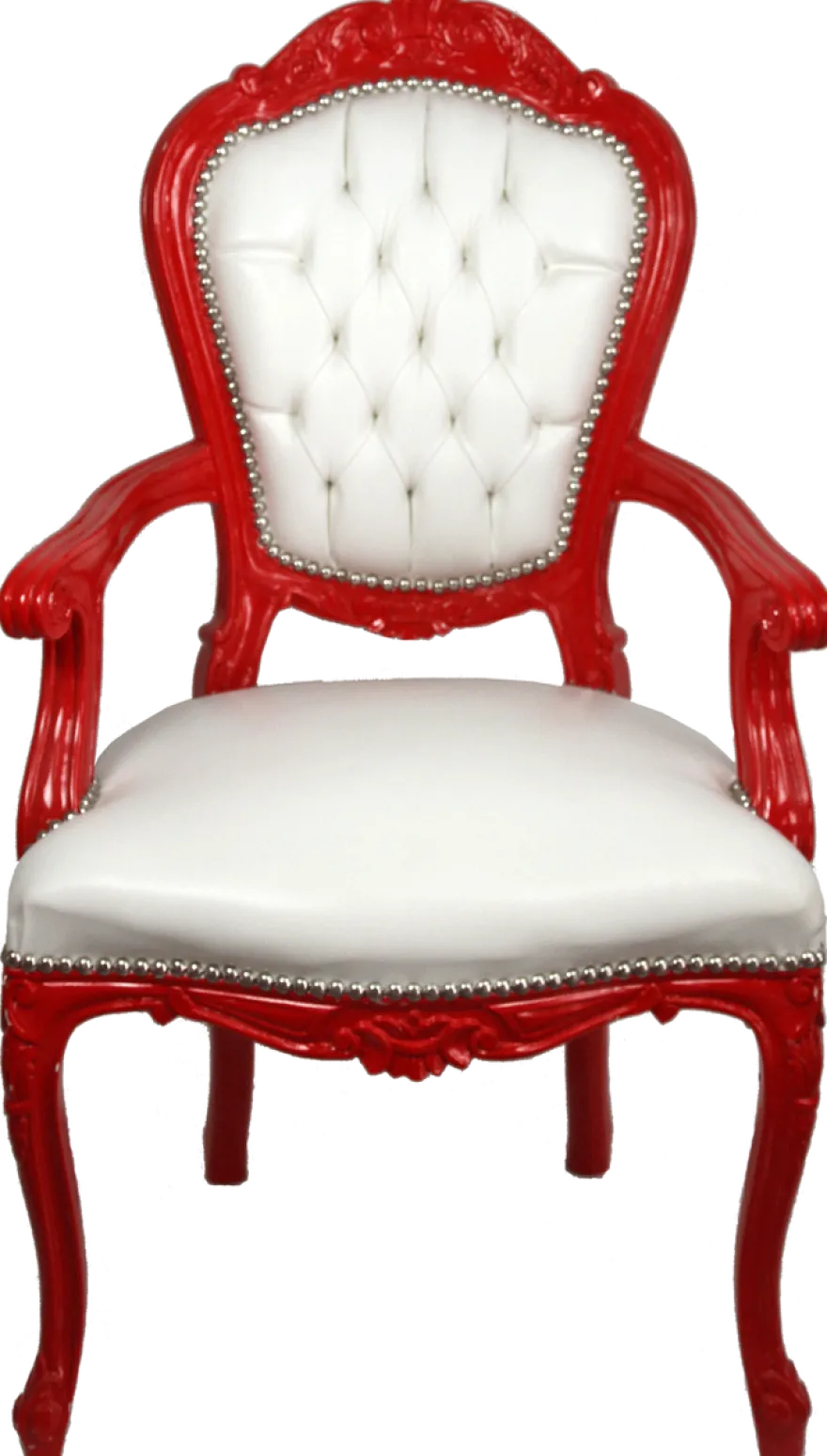 Casa Padrino Luxus Barock Esszimmer Stuhl mit Armlehnen Weiß / Rot - Handgefertigter Küchen Stuhl mit edlem Kunstleder - Barock Esszimmer Möbel