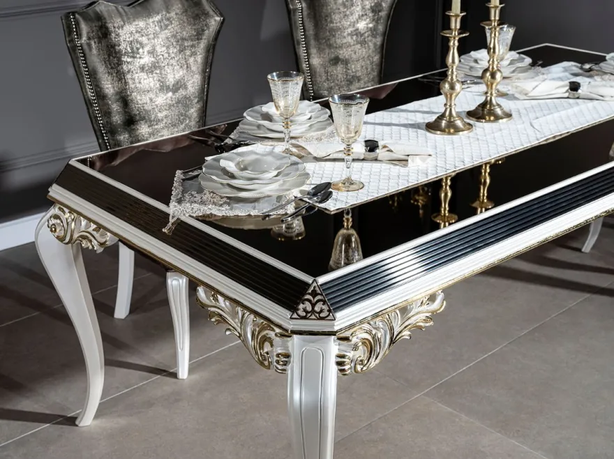 Casa Padrino Luxus Barock Esstisch Weiß / Gold / Schwarz 207 x 104 x H. 78 cm - Massivholz Küchentisch mit Glasplatte - Edle Esszimmer Möbel im Barockstil